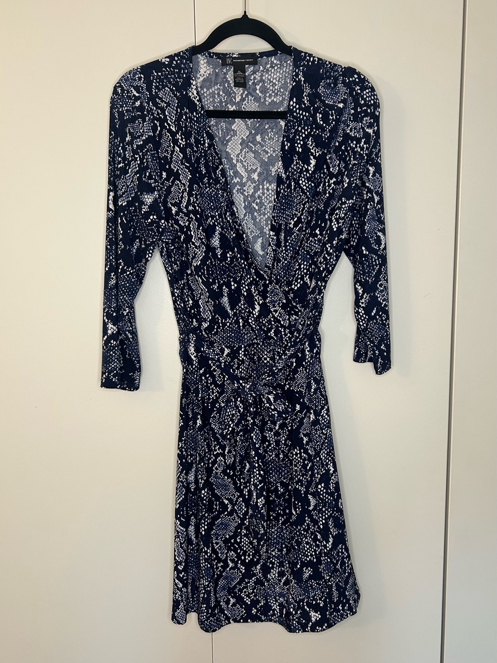 INC Blue White Snakeskin Print Faux Wrap Dress V-neck Womens XL